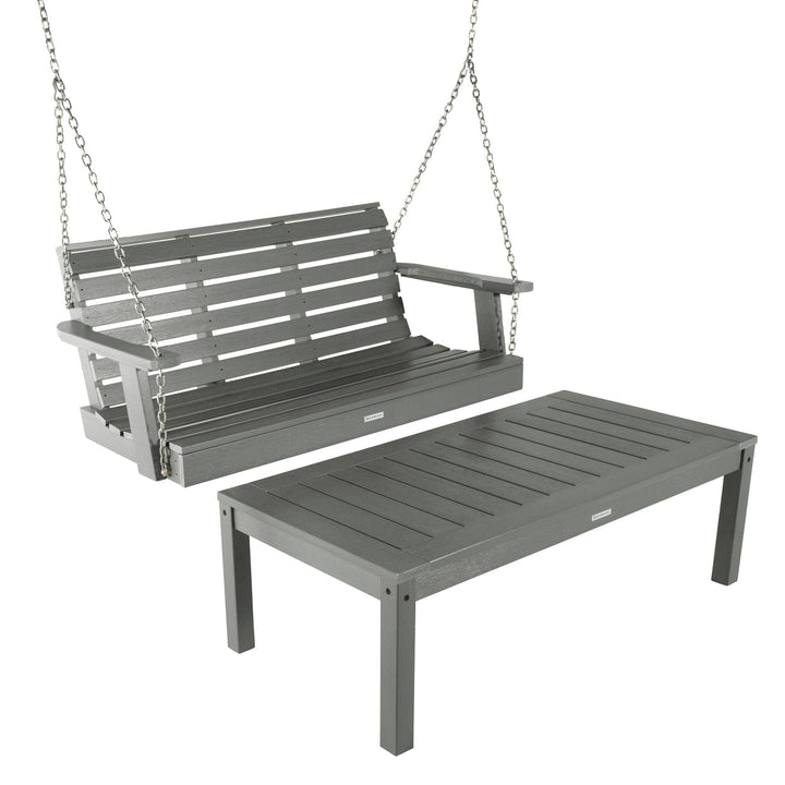 Weatherly Porch Swing 4ft and Adirondack Coffee Table Kitted Sets Highwood USA Coastal Teak 
