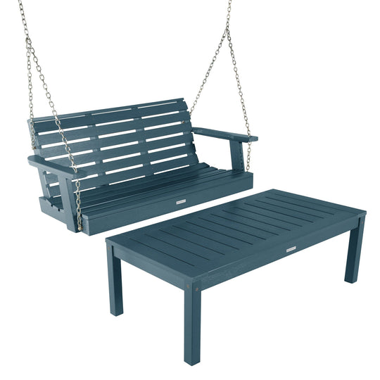 Weatherly Porch Swing 4ft and Adirondack Coffee Table Kitted Sets Highwood USA Nantucket Blue 