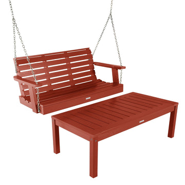 Weatherly Porch Swing 4ft and Adirondack Coffee Table Kitted Sets Highwood USA Rustic Red 