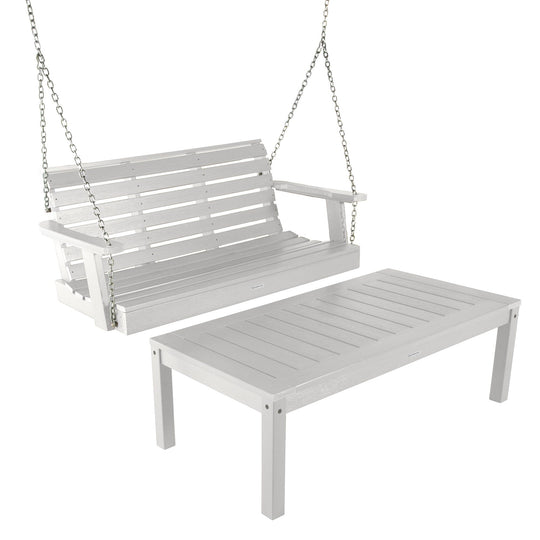 Weatherly Porch Swing 4ft and Adirondack Coffee Table Kitted Sets Highwood USA White 