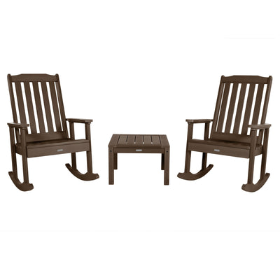 2 Lehigh Rocking Chairs with Adirondack Side Table Kitted Sets Highwood USA Weathered Acorn 