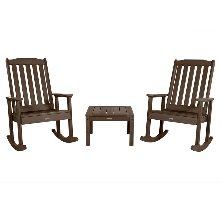 2 Lehigh Rocking Chairs with Adirondack Side Table Kitted Sets Highwood USA Weathered Acorn 