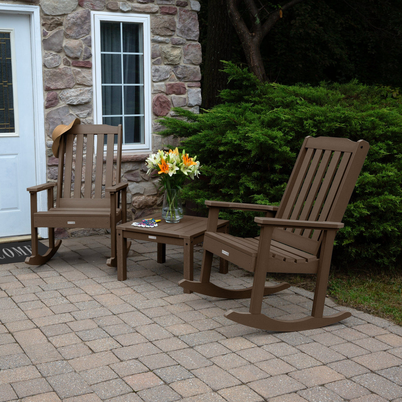 2 Lehigh Rocking Chairs with Adirondack Side Table Kitted Sets Highwood USA 