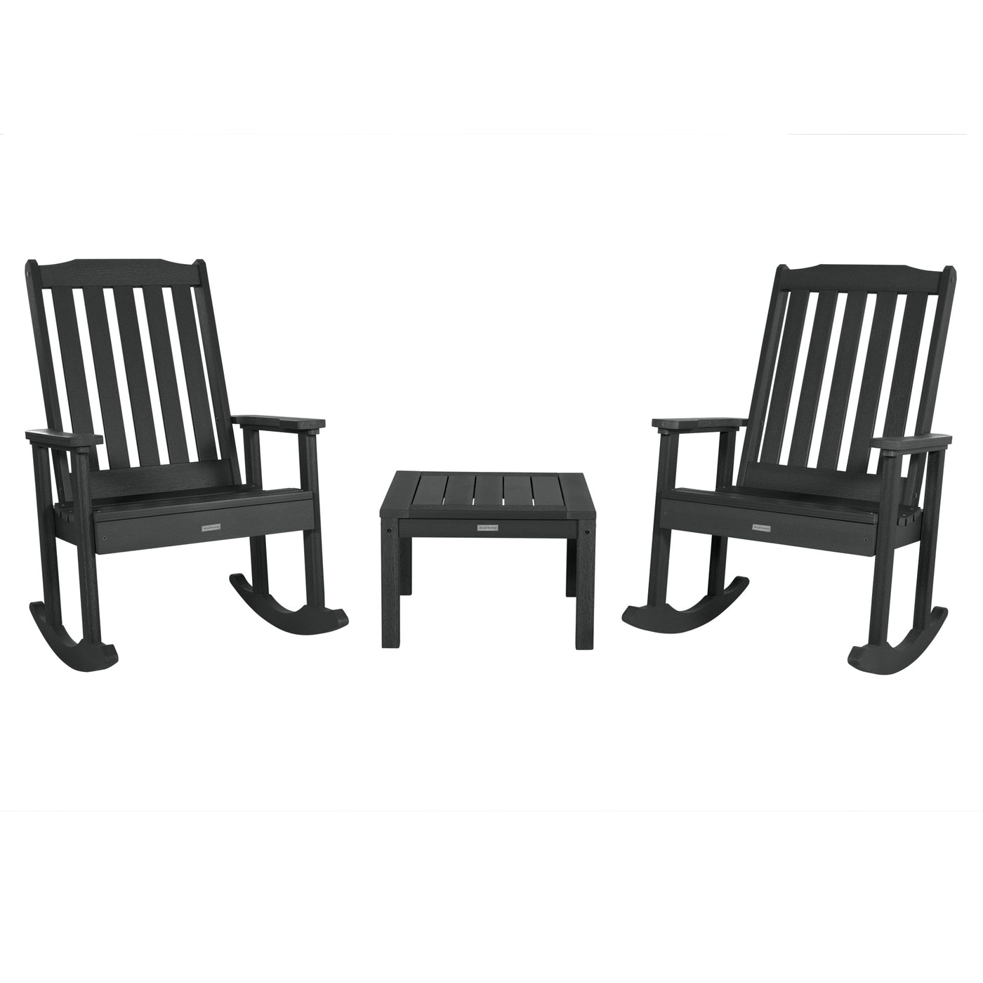 2 Lehigh Rocking Chairs with Adirondack Side Table Kitted Sets Highwood USA Black 
