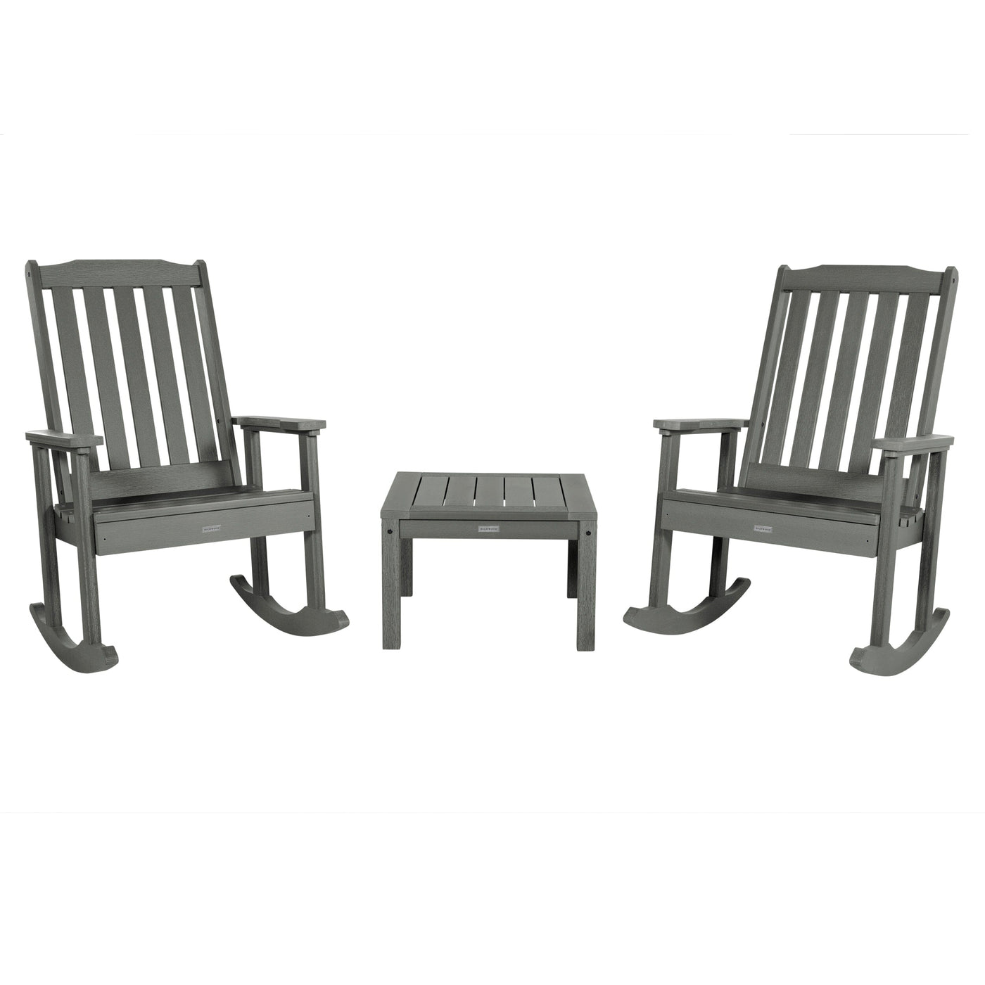 2 Lehigh Rocking Chairs with Adirondack Side Table Kitted Sets Highwood USA Coastal Teak 
