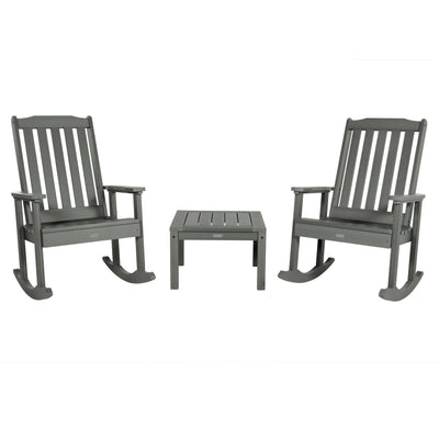 2 Lehigh Rocking Chairs with Adirondack Side Table Kitted Sets Highwood USA Coastal Teak 