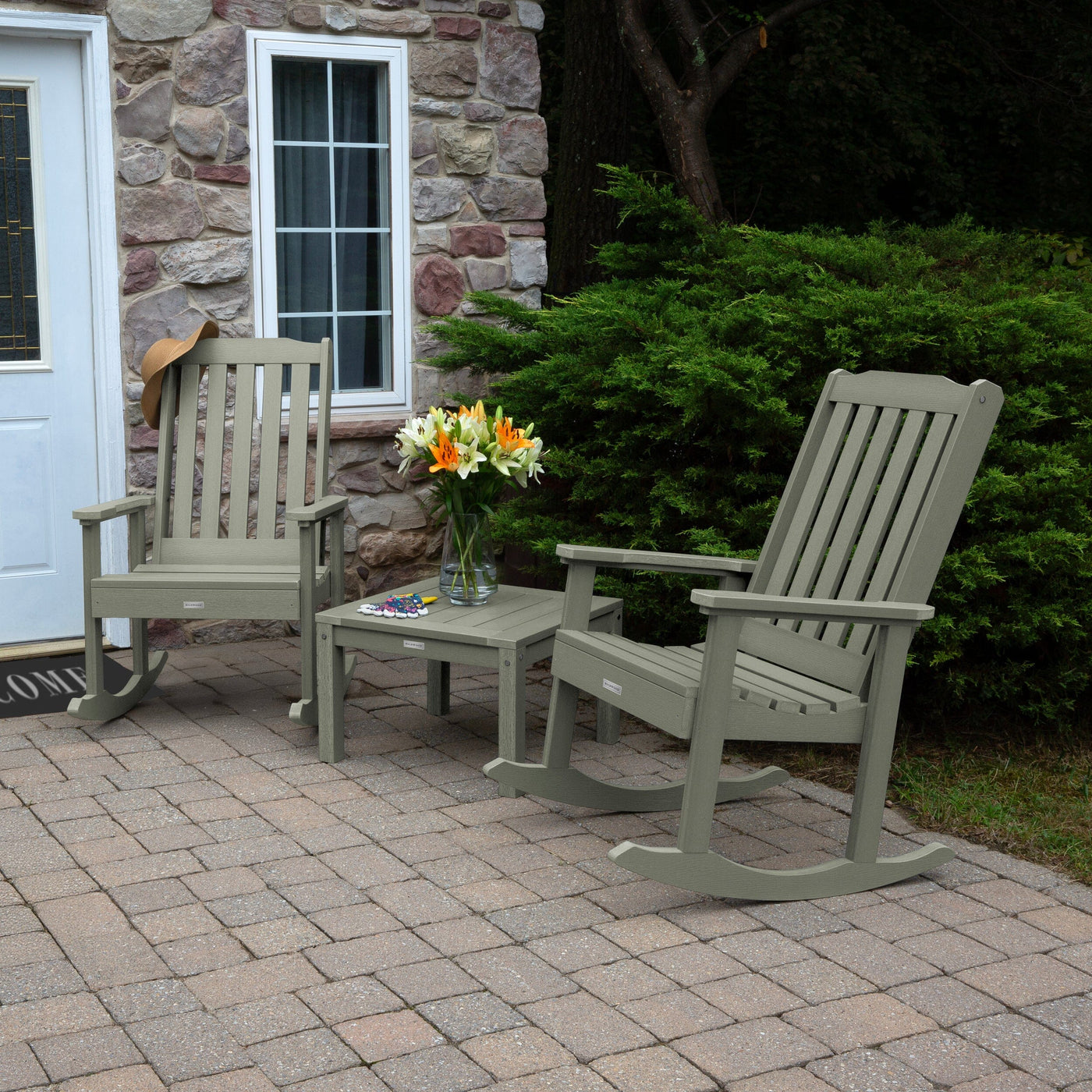 2 Lehigh Rocking Chairs with Adirondack Side Table Kitted Sets Highwood USA 