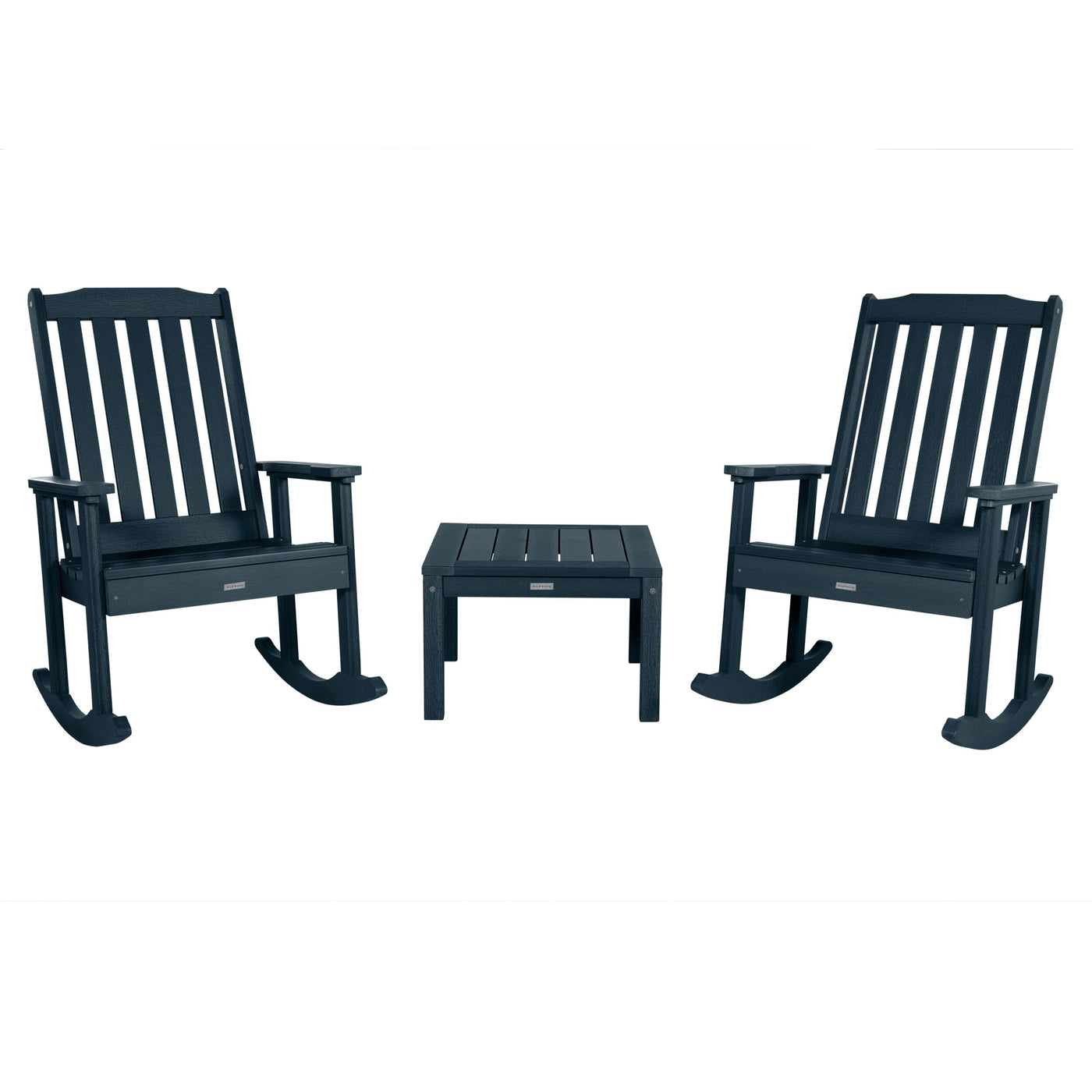 2 Lehigh Rocking Chairs with Adirondack Side Table Kitted Sets Highwood USA Federal Blue 