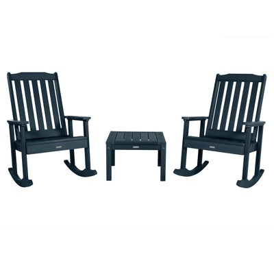 2 Lehigh Rocking Chairs with Adirondack Side Table Kitted Sets Highwood USA Federal Blue 