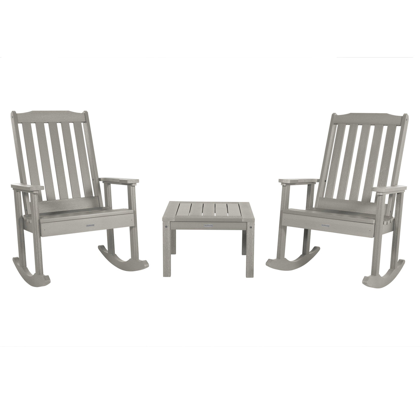 2 Lehigh Rocking Chairs with Adirondack Side Table Kitted Sets Highwood USA Harbor Gray 