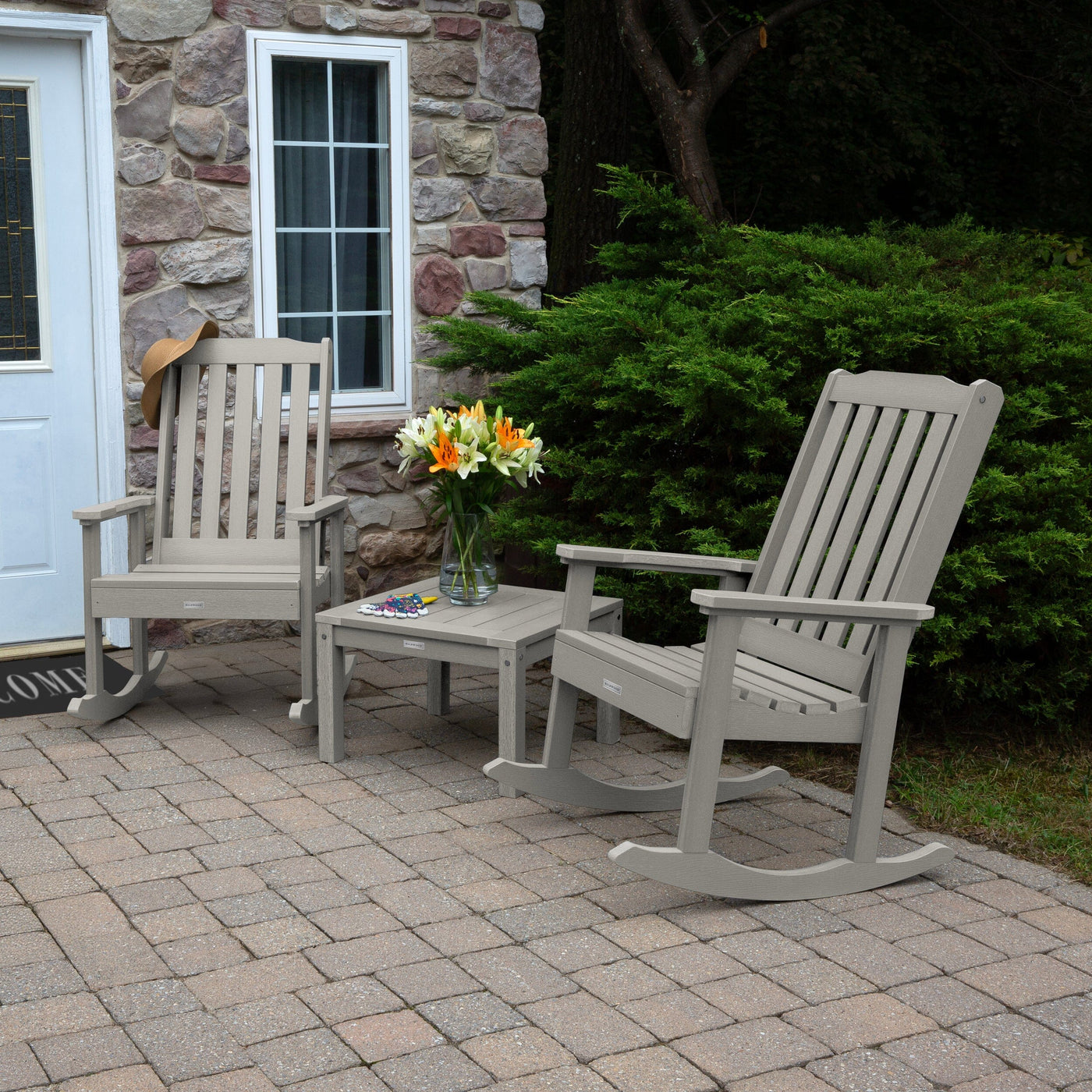 2 Lehigh Rocking Chairs with Adirondack Side Table Kitted Sets Highwood USA 