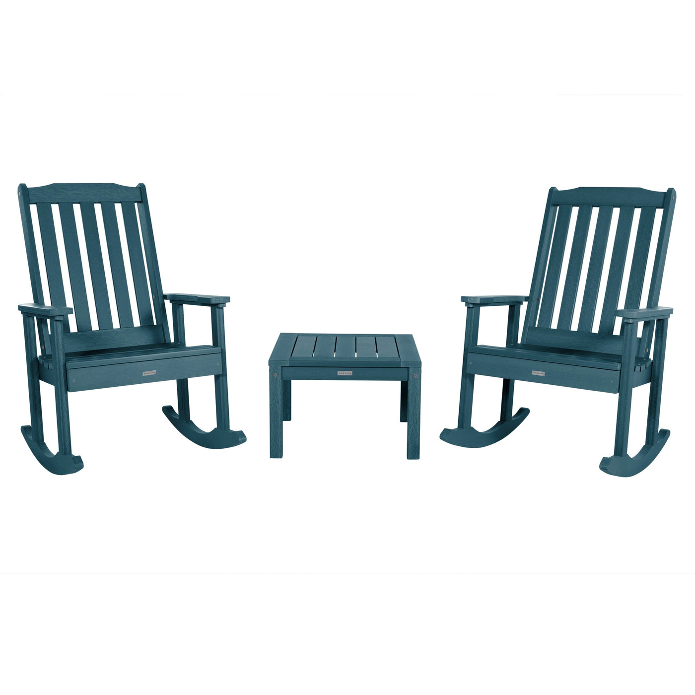 2 Lehigh Rocking Chairs with Adirondack Side Table Kitted Sets Highwood USA Nantucket Blue 