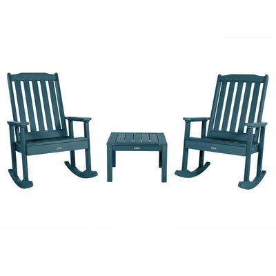 2 Lehigh Rocking Chairs with Adirondack Side Table Kitted Sets Highwood USA Nantucket Blue 