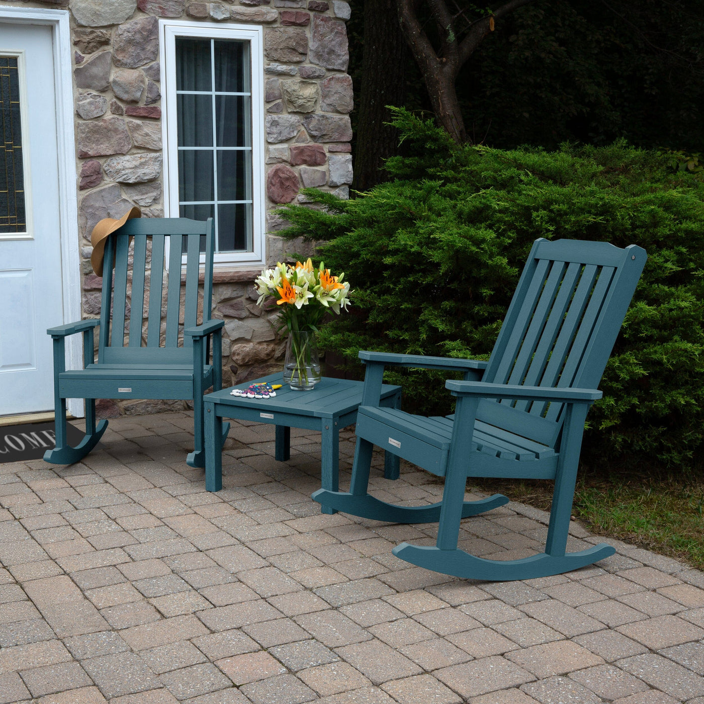 2 Lehigh Rocking Chairs with Adirondack Side Table Kitted Sets Highwood USA 
