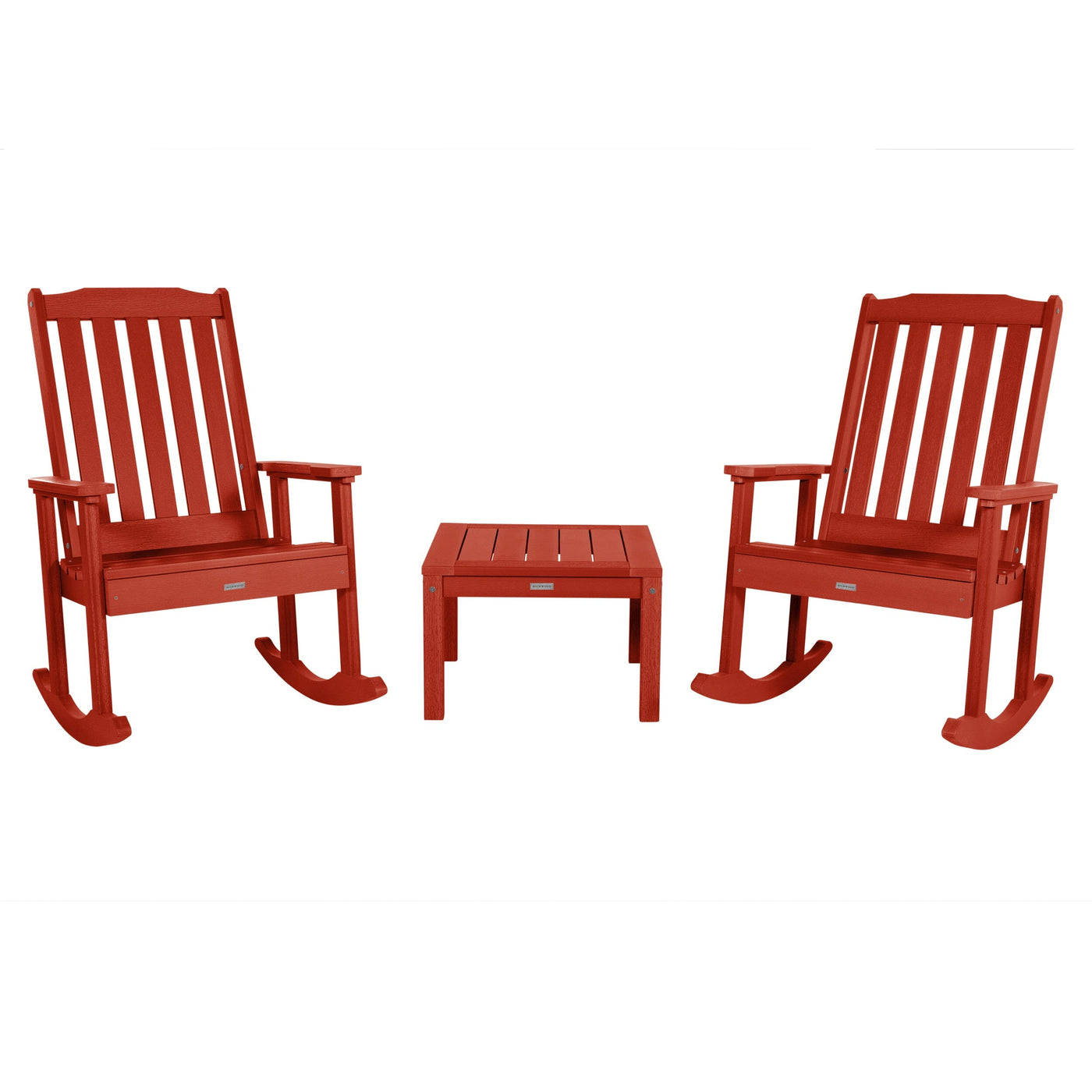 2 Lehigh Rocking Chairs with Adirondack Side Table Kitted Sets Highwood USA Rustic Red 