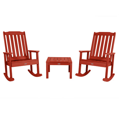 2 Lehigh Rocking Chairs with Adirondack Side Table Kitted Sets Highwood USA Rustic Red 