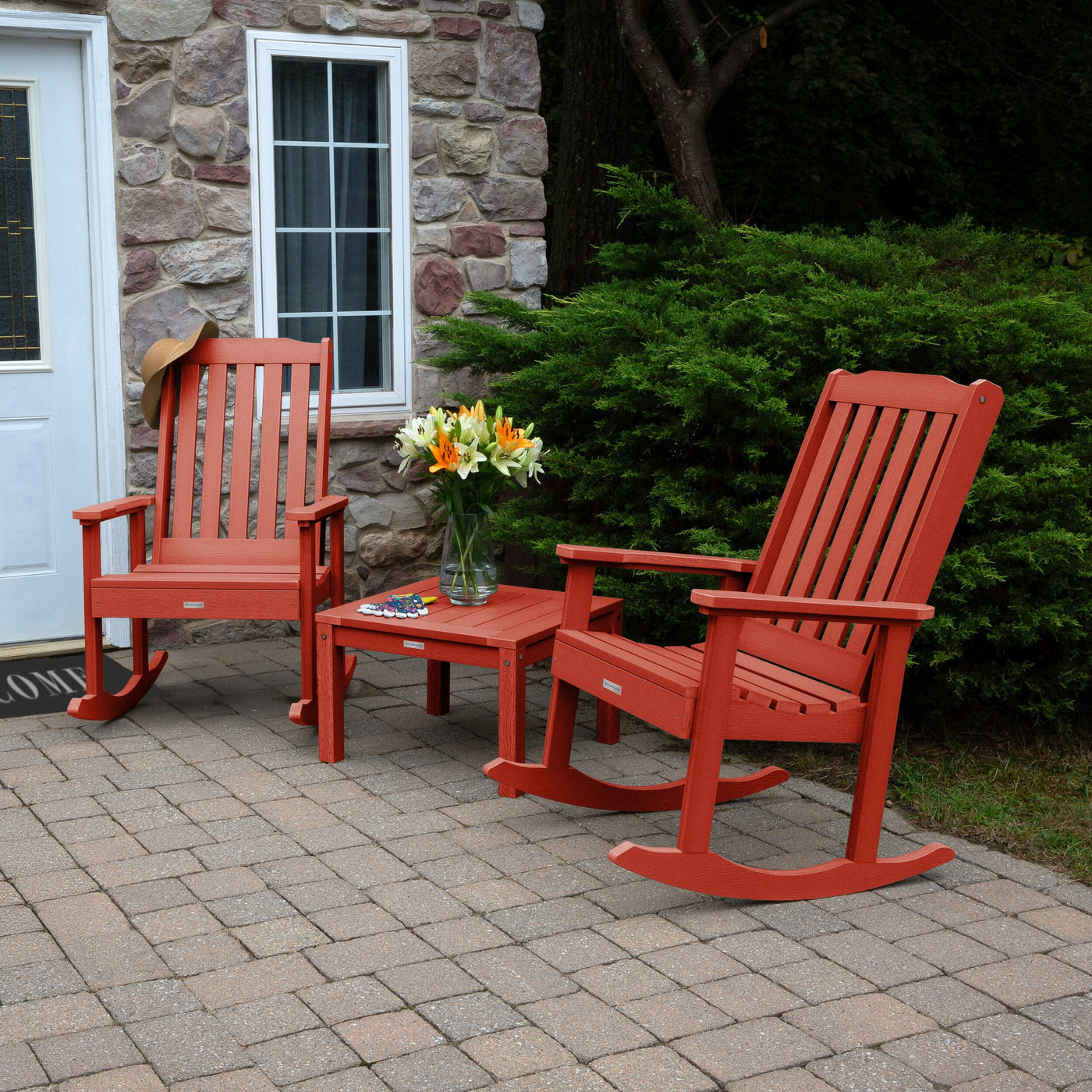 2 Lehigh Rocking Chairs with Adirondack Side Table Kitted Sets Highwood USA 