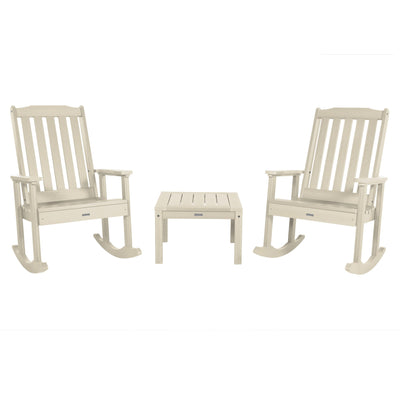 2 Lehigh Rocking Chairs with Adirondack Side Table Kitted Sets Highwood USA Whitewash 