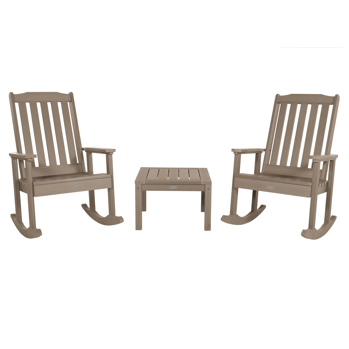 2 Lehigh Rocking Chairs with Adirondack Side Table Kitted Sets Highwood USA Woodland Brown 