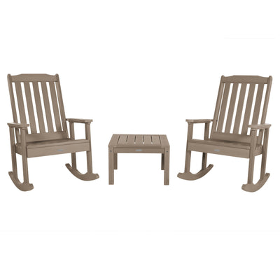 2 Lehigh Rocking Chairs with Adirondack Side Table Kitted Sets Highwood USA Woodland Brown 