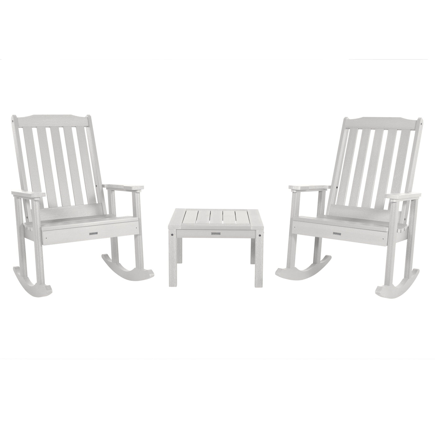 2 Lehigh Rocking Chairs with Adirondack Side Table Kitted Sets Highwood USA White 