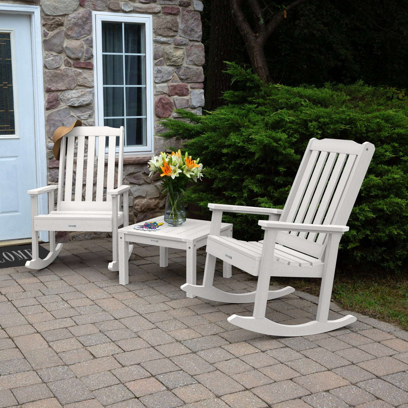 2 Lehigh Rocking Chairs with Adirondack Side Table Kitted Sets Highwood USA 
