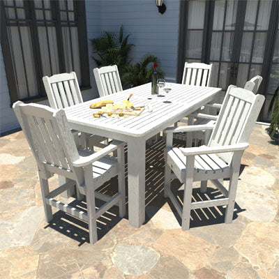 White 7-piece Lehigh counter-height dining set on patio.