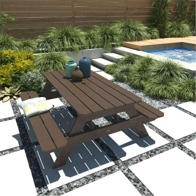 Brown Highwood picnic table on poolside area. 