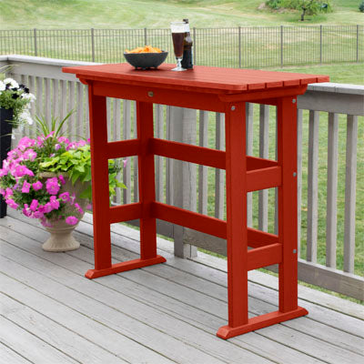 Red Lehigh bar height balcony table with beer and chips. 