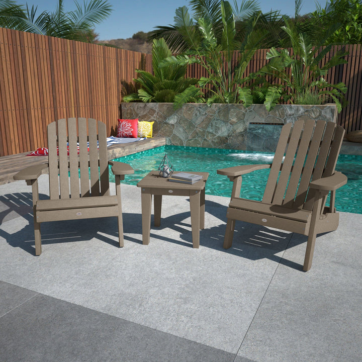 Two Cape Folding Adirondack Chairs and Side Table Set Kitted Set Bahia Verde Outdoors 