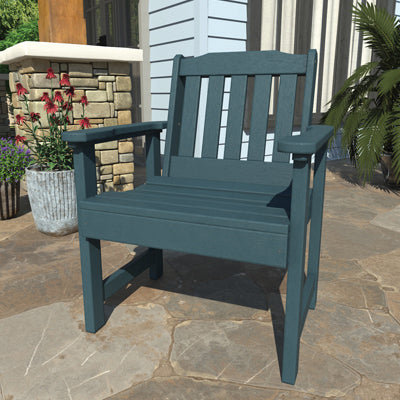 Blue Lehigh garden chair in outdoor patio area.