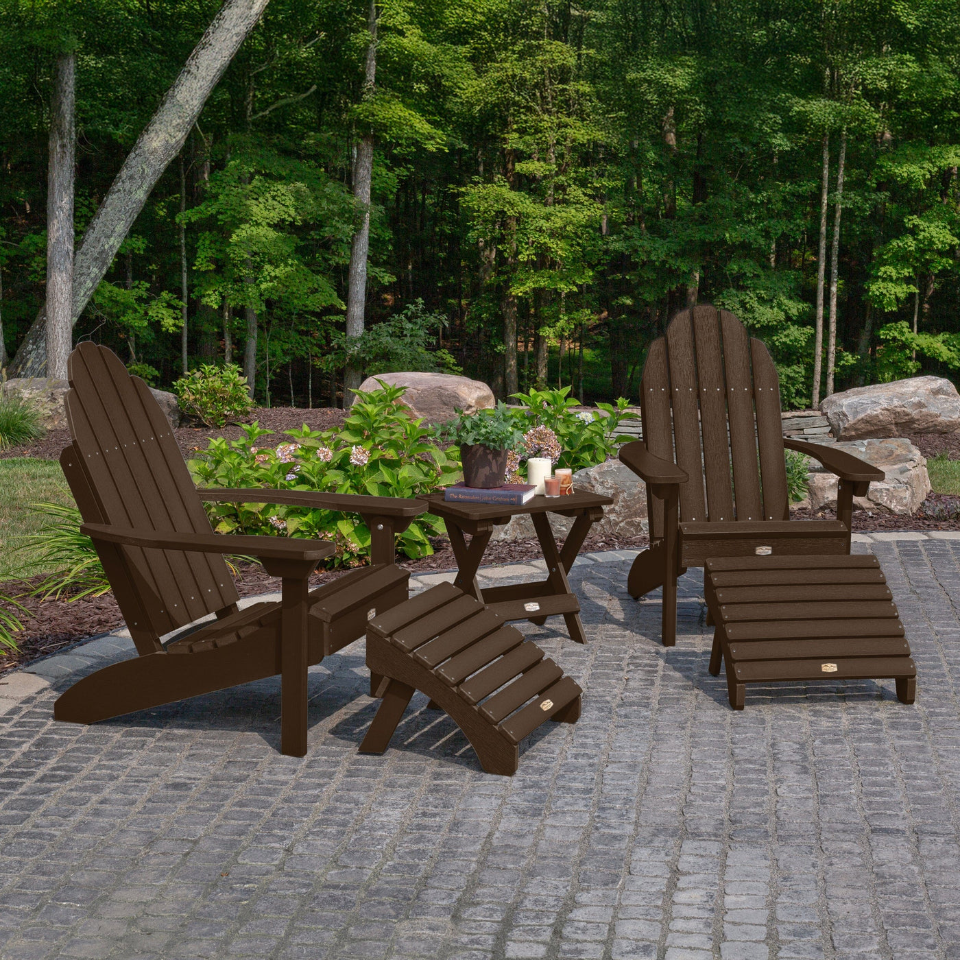 2 Essential Adirondack Chairs, Folding Table & 2 Ottomans Kitted Sets ELK OUTDOORS® 