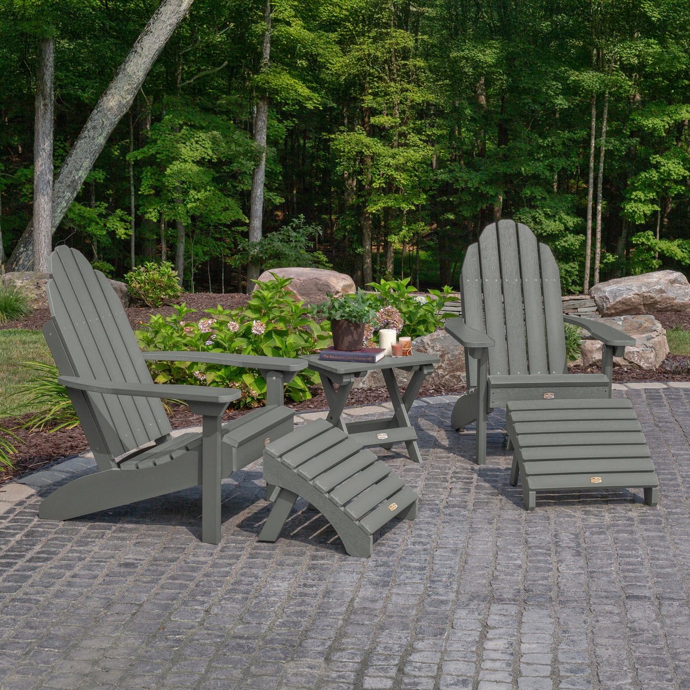 2 Essential Adirondack Chairs, Folding Table & 2 Ottomans Kitted Sets ELK OUTDOORS® 
