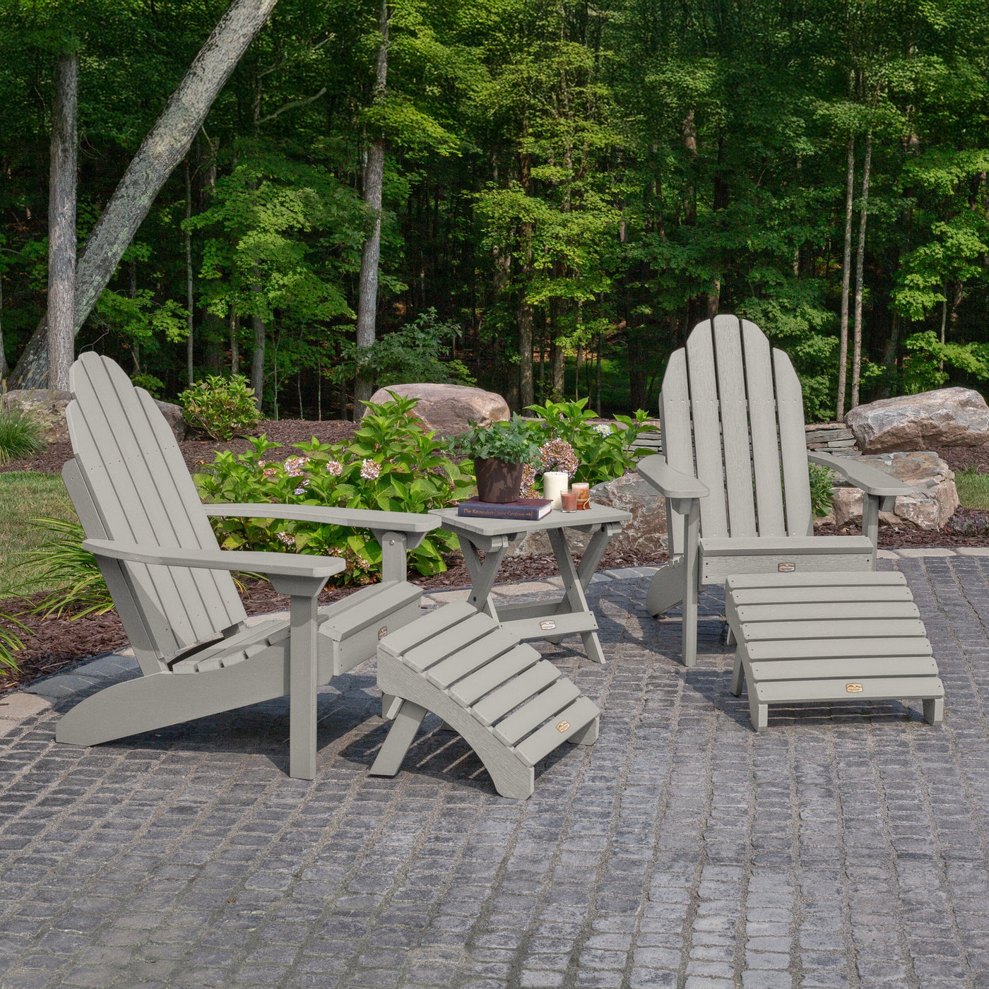 2 Essential Adirondack Chairs, Folding Table & 2 Ottomans Kitted Sets ELK OUTDOORS® 