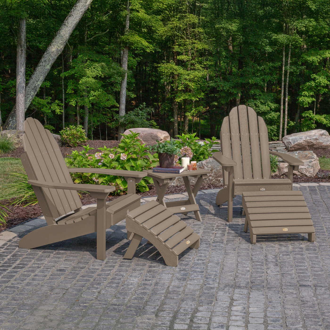 2 Essential Adirondack Chairs, Folding Table & 2 Ottomans Kitted Sets ELK OUTDOORS® 