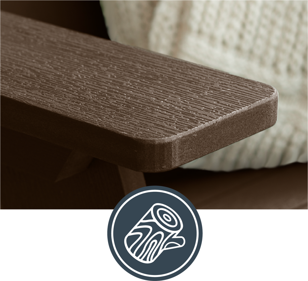 Close-up of a HDPS lumber chair with a textured surface, featuring a logo in the corner.