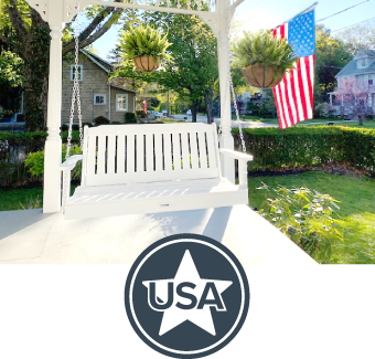 White porch swing with American flag and USA logo on a sunny day.