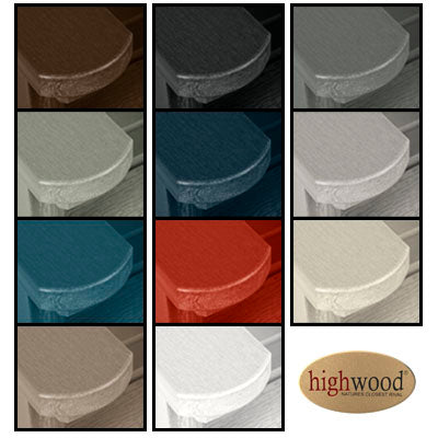 Eleven Highwood color samples. Brown, Black, Gray, Light Green, Dark Blue, Light Gray, Light Blue, Red, Off-white, Light Brown, and White. 