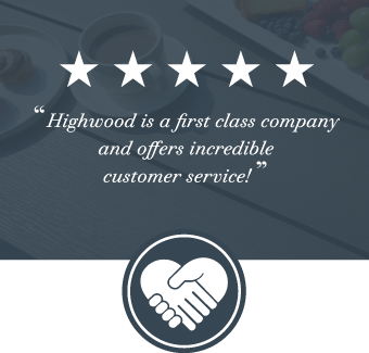 Five-star rating with a quote about Highwood's customer service on a blue background.