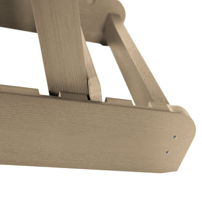 Close up of folding mechanism for light tan Hamilton Adirondack chair