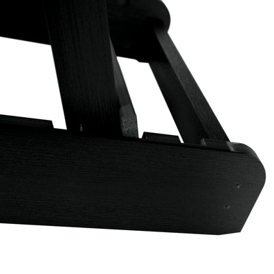 Close up of folding mechanism for black Hamilton Adirondack chair