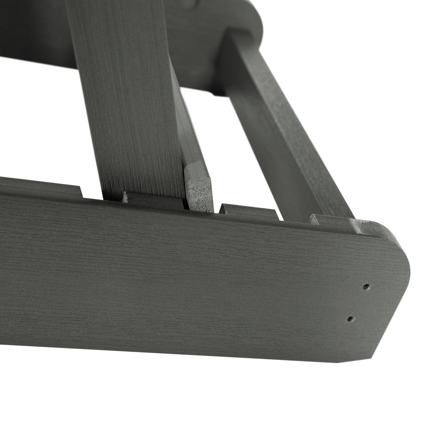 Close up of folding mechanism for gray Hamilton Adirondack chair
