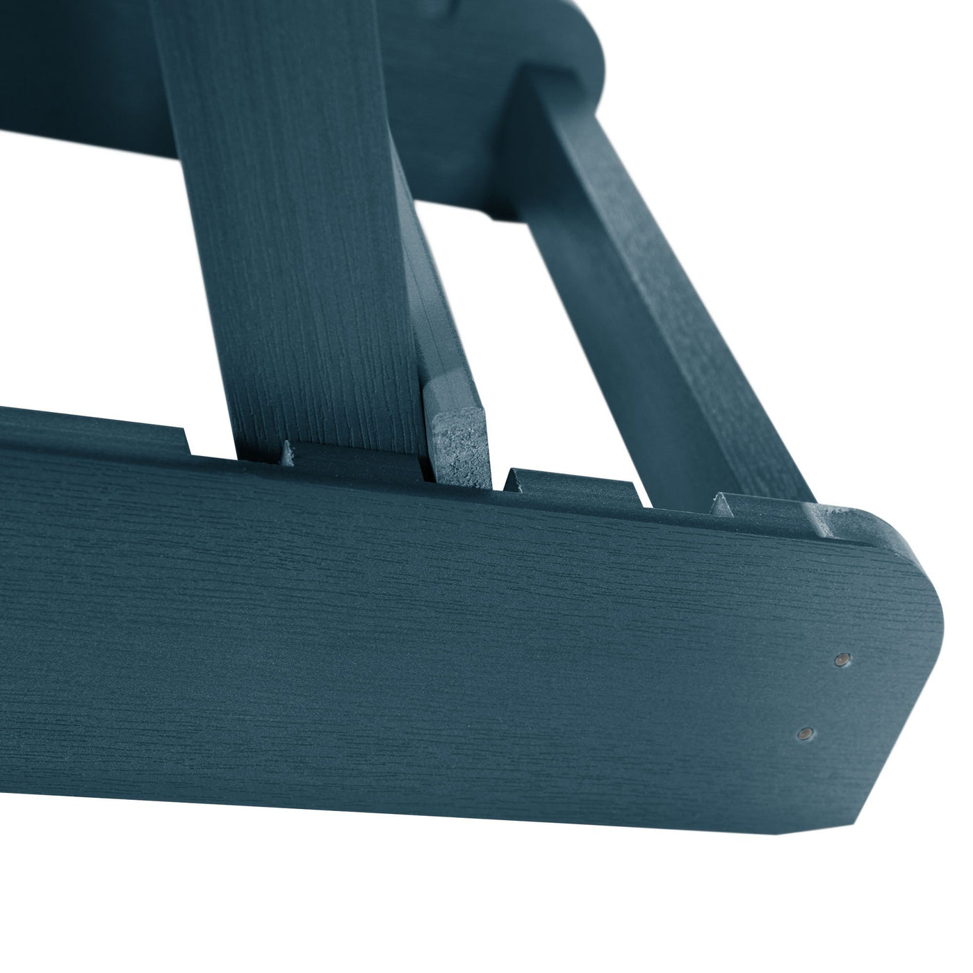 Close up of folding mechanism for blue Hamilton Adirondack chair
