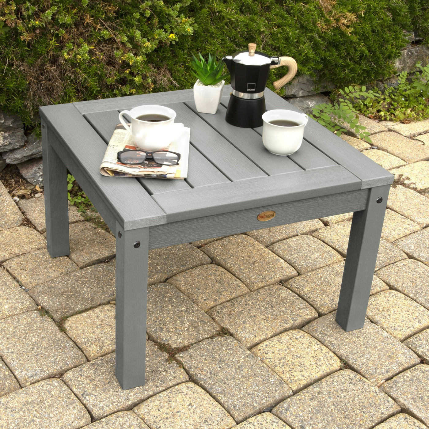 Table with coffee cups on patio