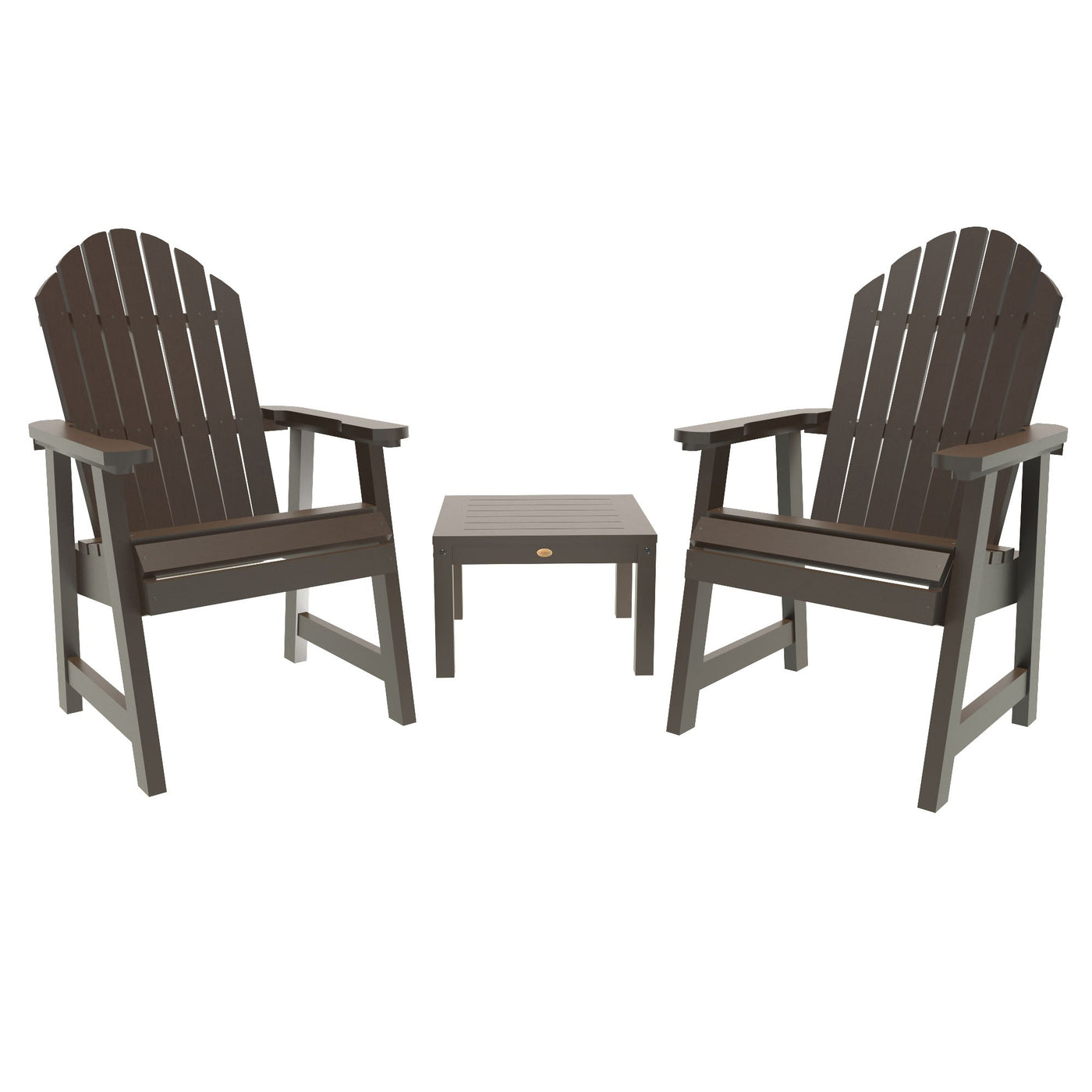 2 Hamilton Deck Chairs with Adirondack Side Table Highwood USA Weathered Acorn 