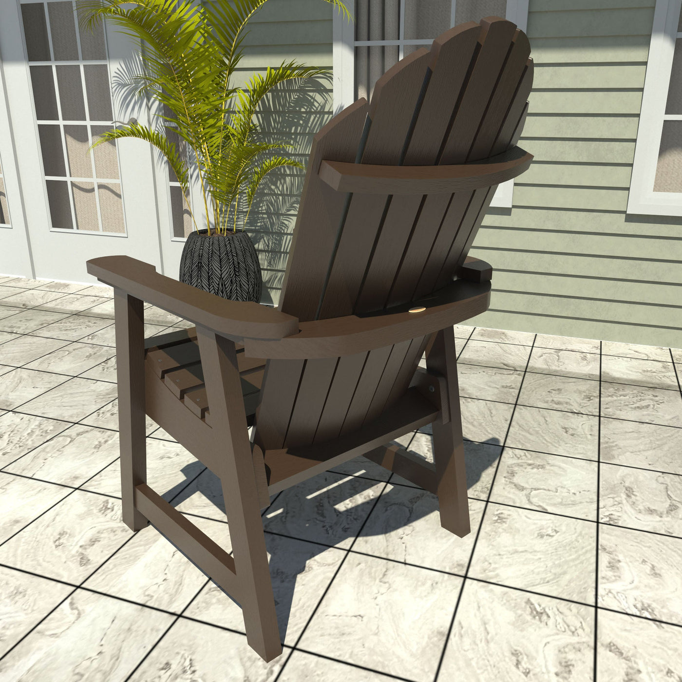 Rear view of Adirondack chair with built-in side table