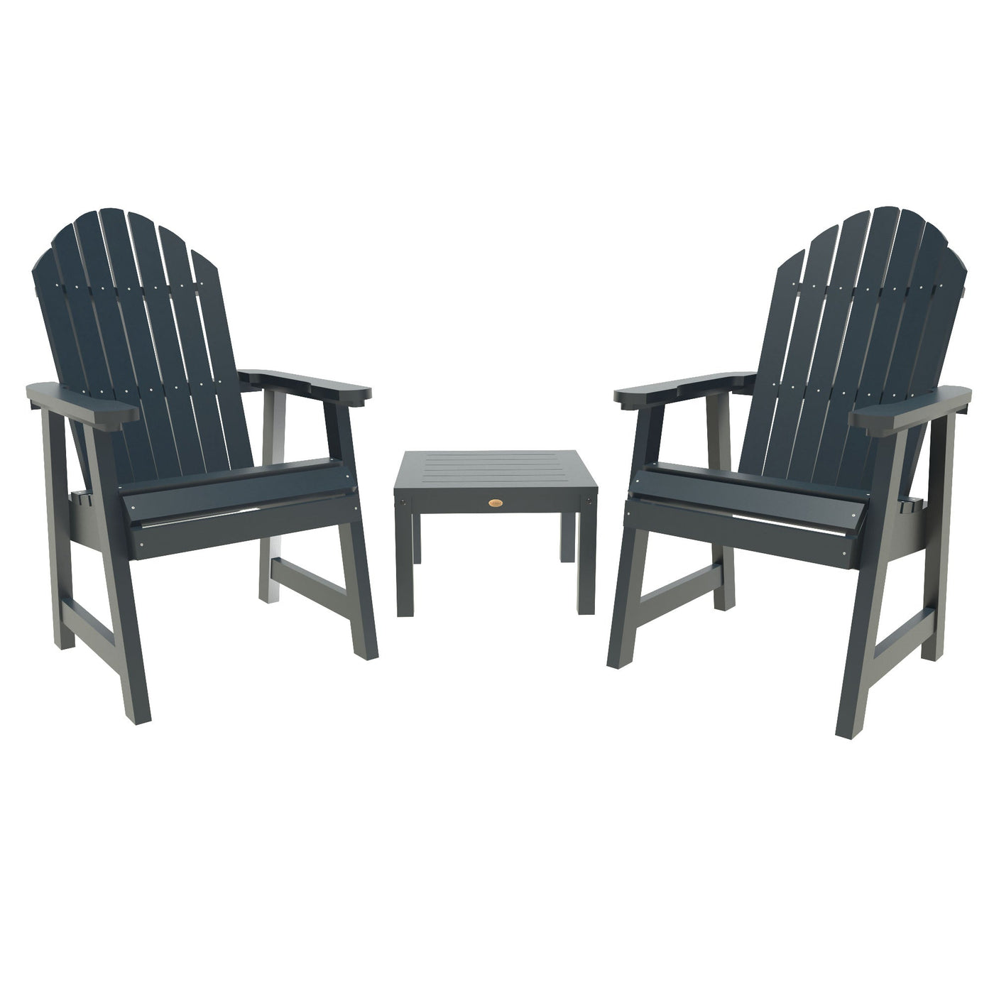 Two Adirondack chairs with table on white background