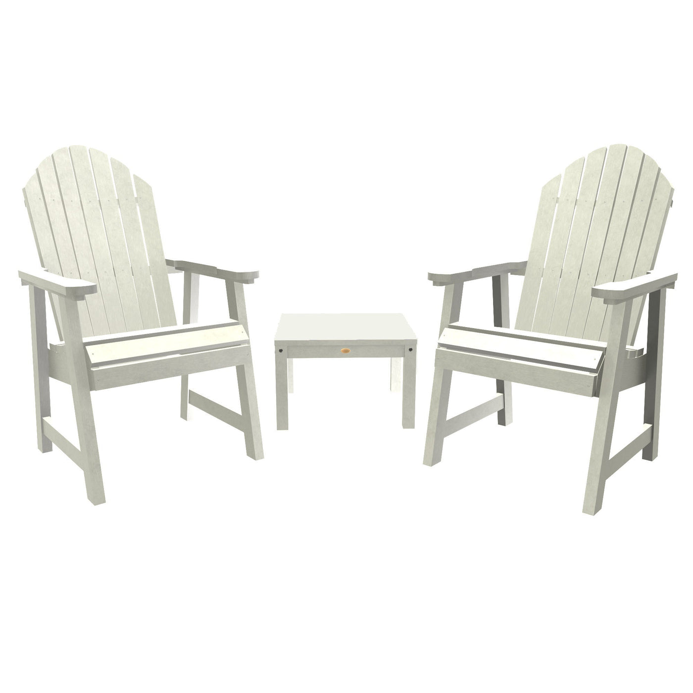 White Adirondack chairs with matching table