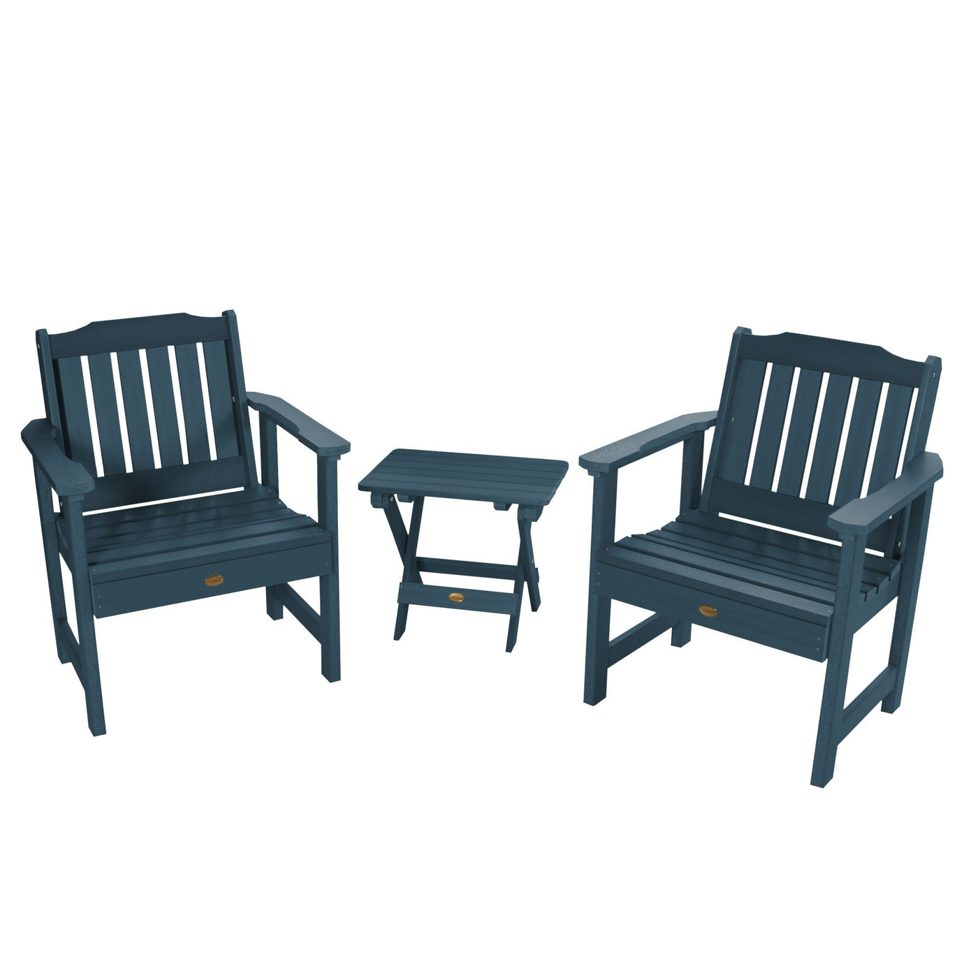 2 Lehigh Garden Chairs with Folding Adirondack Side Table Highwood USA Nantucket Blue 