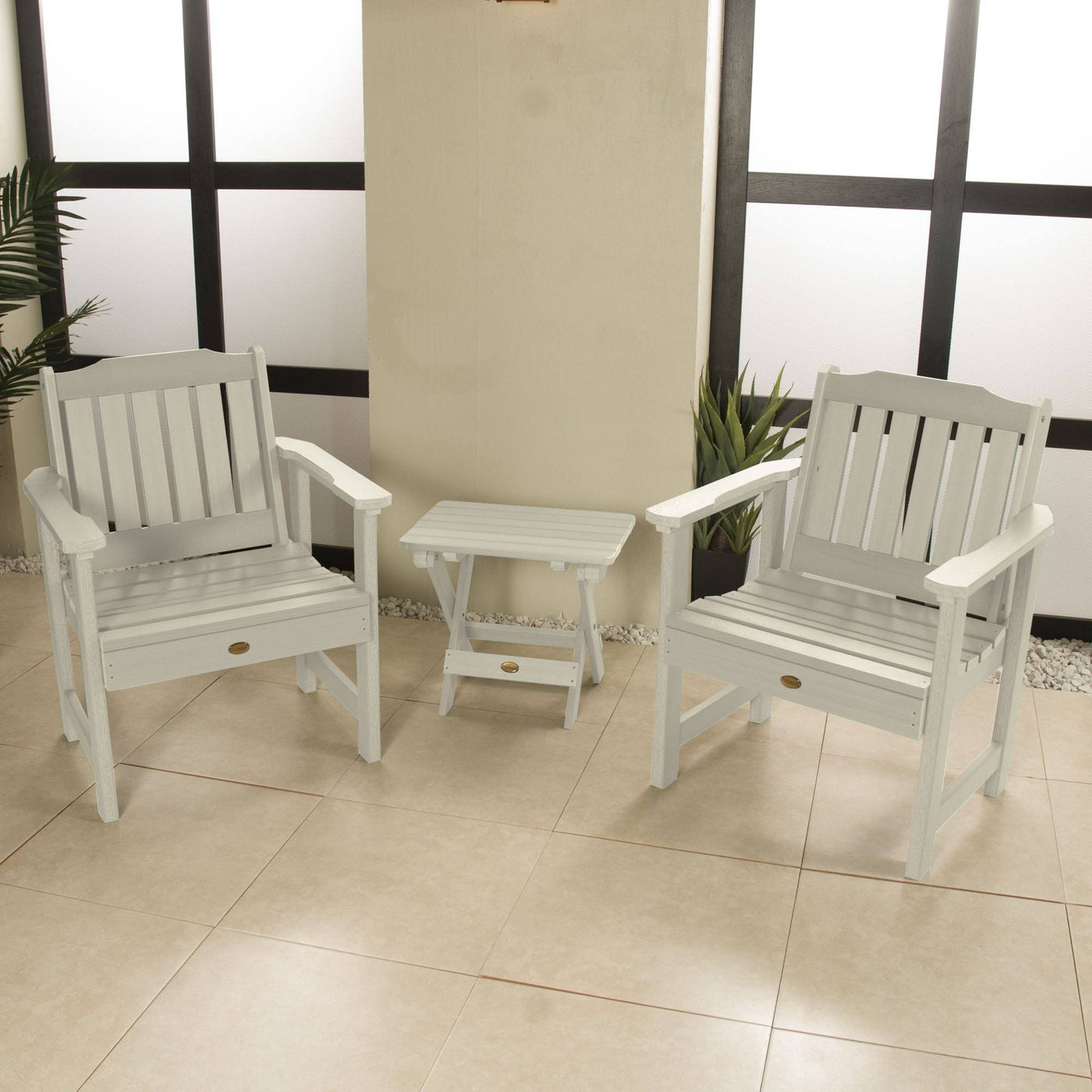2 Lehigh Garden Chairs with Folding Adirondack Side Table Highwood USA 